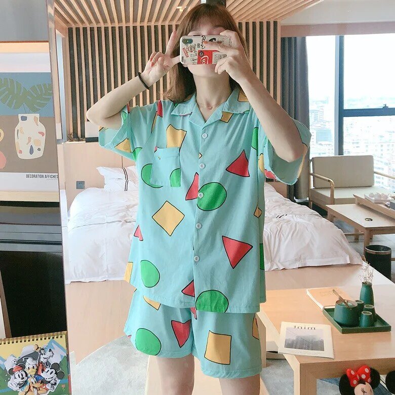 Pyjama d'été à manches courtes pour femmes, vêtements de nuit en coton