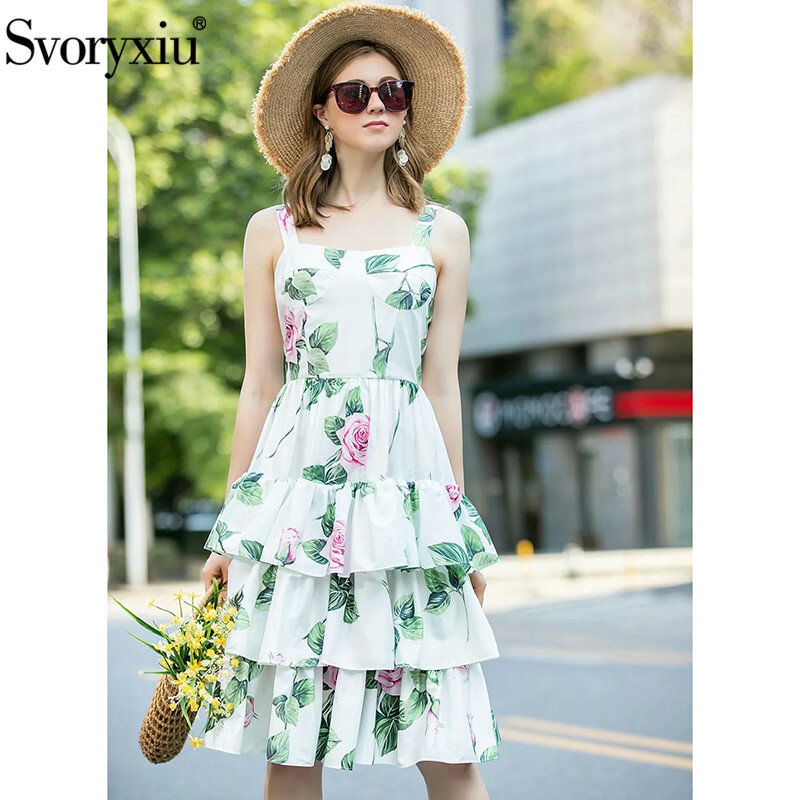 Svoryxiu Gorgeous Runway Summer Party Spaghetti Strap Dress Women's Elegant Rose Flower Print Cascading Ruffle Dresses Vestdios