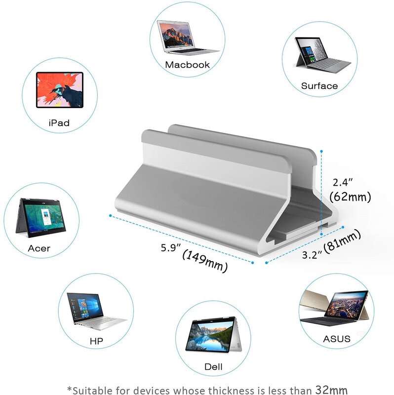 ขาตั้งแล็ปท็อปแนวตั้งอลูมิเนียมแล็ปท็อปผู้ถือขาตั้งความกว้าง Dock สำหรับ MacBook/Lenovo/Dell แล็ปท็อป