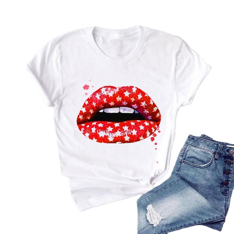 여성 플러스 사이즈 하라주쿠 탑 여름 탑스 그래픽 티즈 여성 립 카와이 티셔츠 옷 소녀 마우스 티셔츠, 드롭 배송