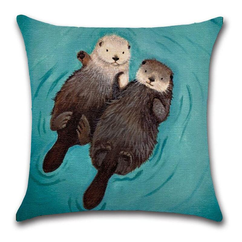 Otter romântico impresso capa de almofada de linho algodão bonito lontra fronha capa de almofada sofá do carro decorativo capa funda de almohada