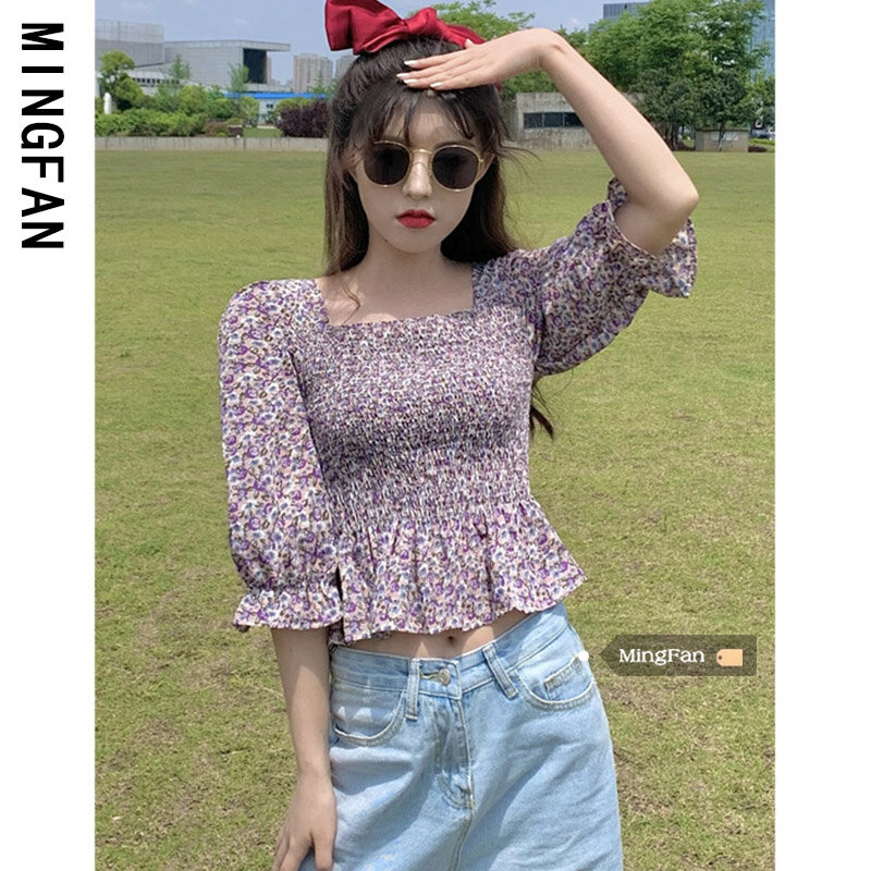 Camisa de chiffon de meia manga floral, camisa feminina vintage para verão com gola quadrada curta e emagrecimento, estilo famoso
