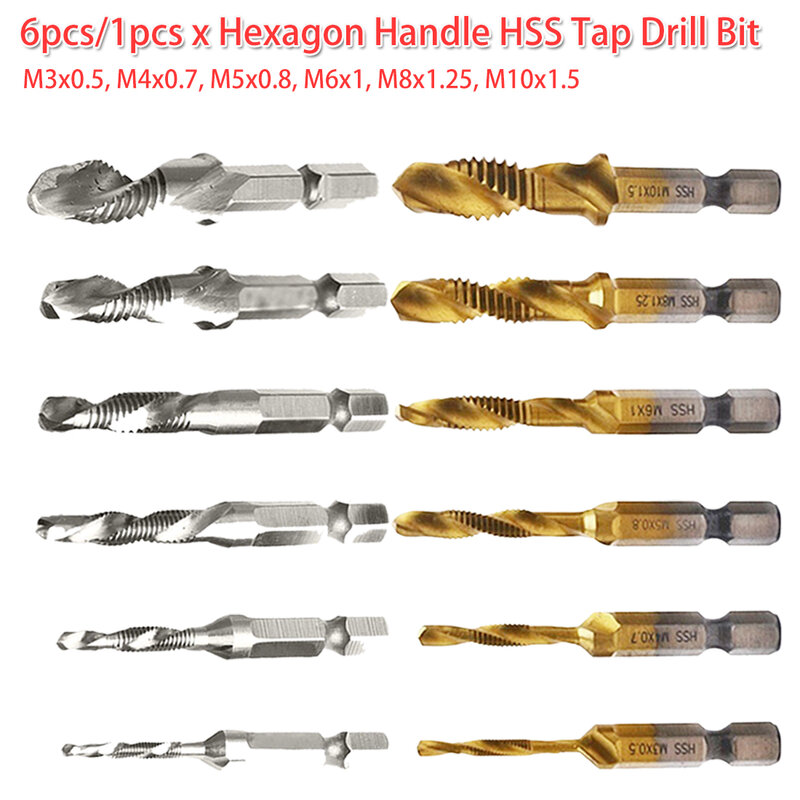 HSS Thread Spiral Screw Metric Composite Tap Drill Bit 6pcs/1pcs 1/4 Hex Shank Tap M3 M4 M5 M6 M8 M10 Woodworking Tool
