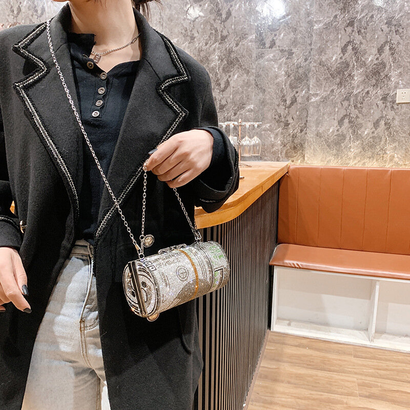 Pochette de soirée en diamant pour femmes, sac pour téléphone, de luxe, avec chaîne, haut de gamme, à bandoulière, en forme de baril, nouvelle collection, 2020