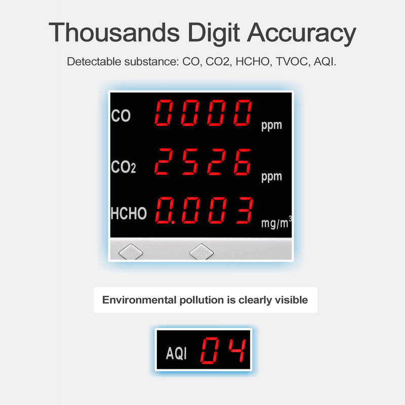Wielofunkcyjny wyświetlacz cyfrowy wewnętrzny/zewnętrzny CO CO2 HCHO TVOC detektor co2 miernik wysokiej dokładności Monitor jakości powietrza detektor gazu