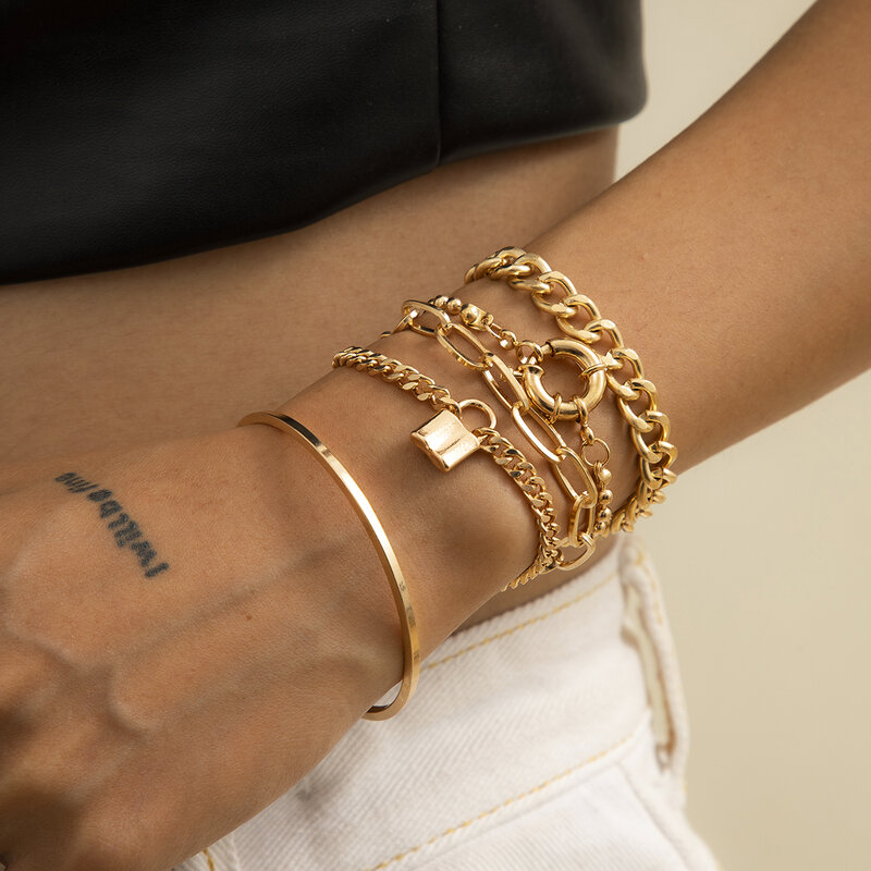 Purui 4 pçs punk curb cubana chain pulseiras conjunto para mulheres miami boho grosso ouro cor charme pulseiras pulseiras moda jóias