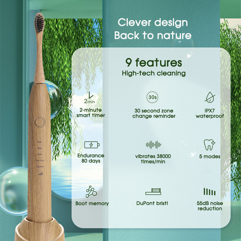 [Boi] IPX7 Bamboo Wood Material With 3  Brush Heads Natural Environmental Friendly Teeth Clean Aldult Sonic Electric Toothbrush