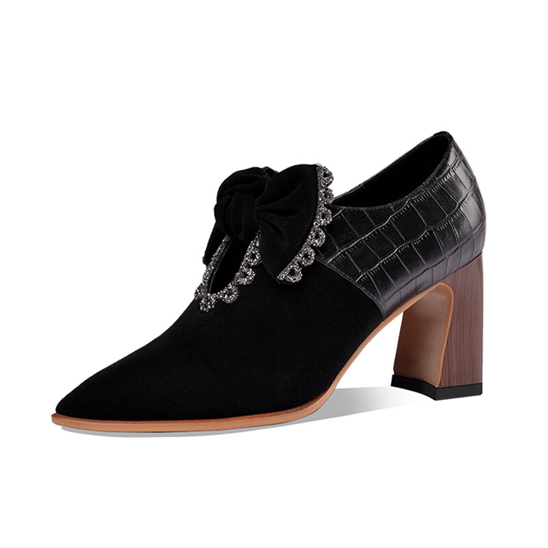 Женские туфли-лодочки с бантиком, туфли из искусственной замши на деревянном каблуке, женские туфли в стиле пэчворк на высоком каблуке, женс...