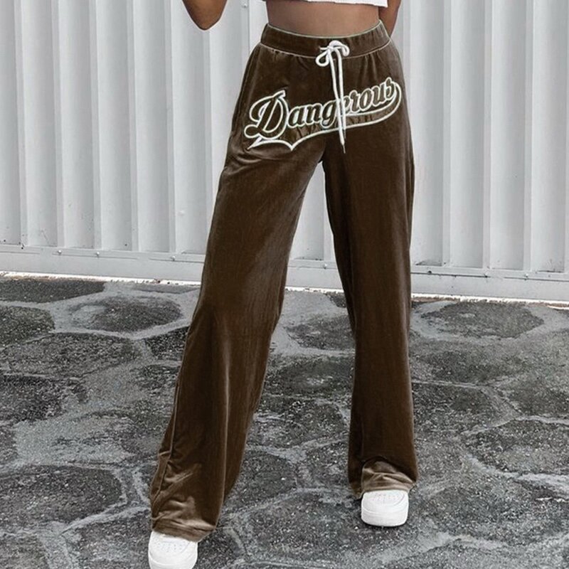 Carta bordado calças retas veludo feminino cordão calças de cintura alta casual baggy selvagem streetwear sweatpants