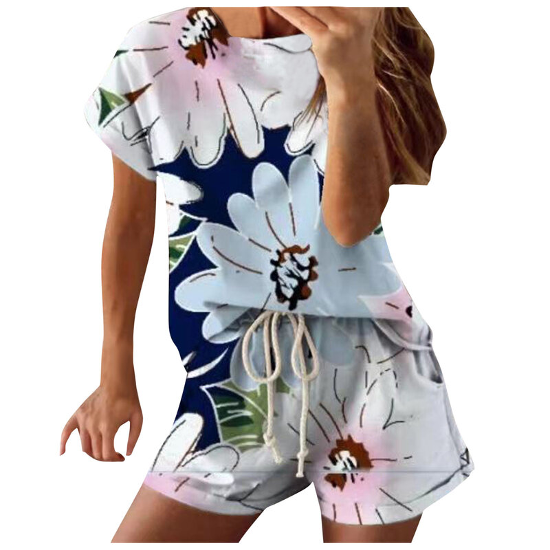 新しい女性の半袖部屋着セットホームウェアアンサンブル絞り染め勾配パジャマファムショーツセット女性パジャマ