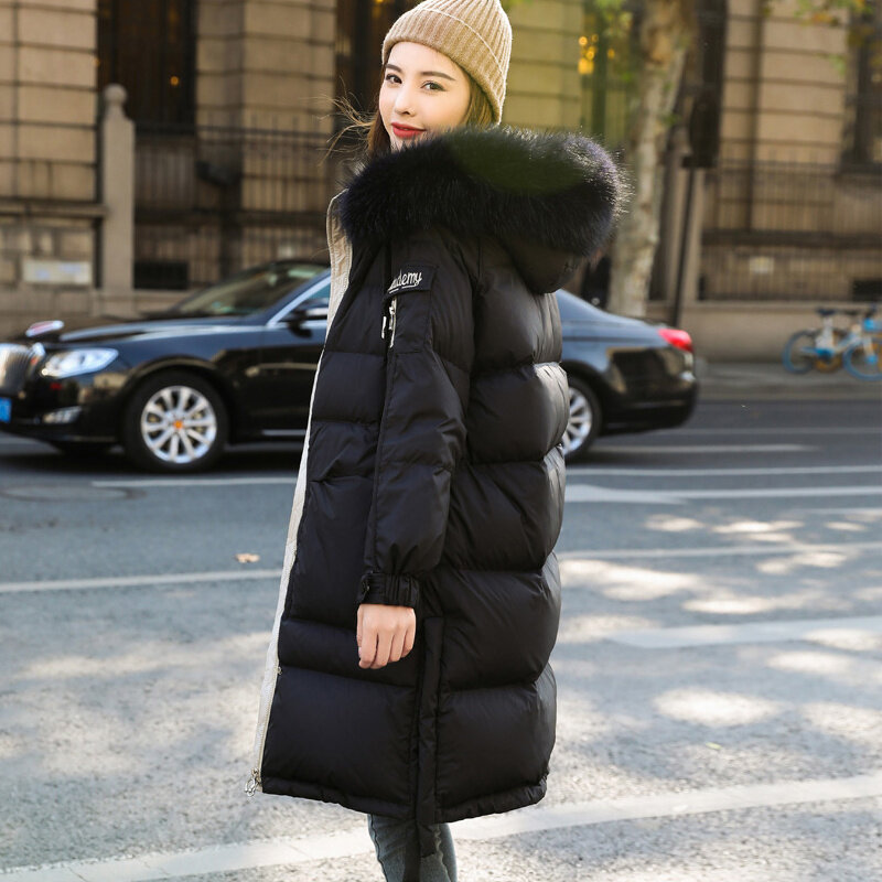 冬の毛皮の襟付きパーカー,女性用の暖かい白いダックダウン,大きな本物のキツネ,長い厚手のジャケットとコート,アウター,90%