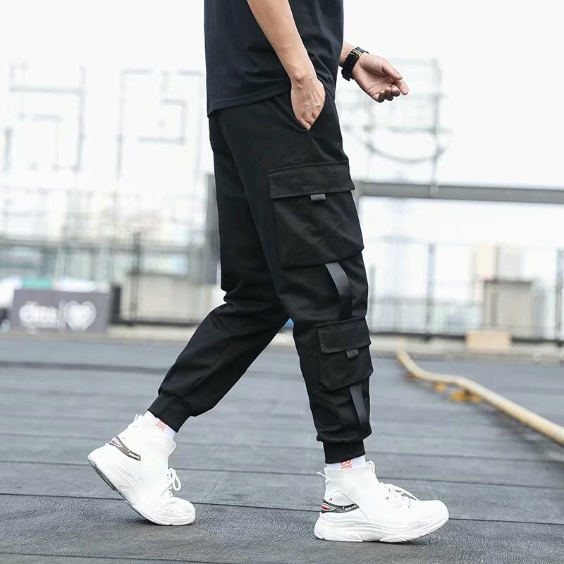 Pantalon Cargo Harem à poches latérales pour hommes, avec rubans, noir, Hip Hop, décontracté, jogging, mode, Streetwear, 2021