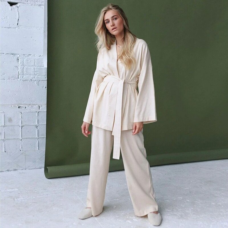 Hiloc Elegant Sleepwear Full Sleeve Robes For Women Pajama Lace Up Bathrobe Female Nightwear Trouser Suits Autumn Nightgown 2021