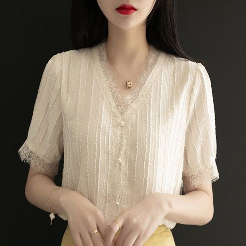 Blusa de Chifón con manga corta para primavera y verano, camisa elegante coreana con botones y cuello en V, Color sólido, SP8745