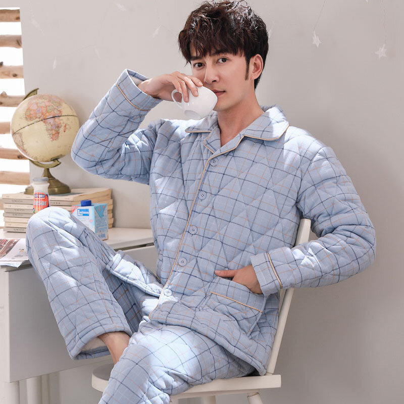 Pyjama en coton tricoté pour homme, veste rembourrée en coton à revers, vêtements de maison chauds et résistants au froid, hiver