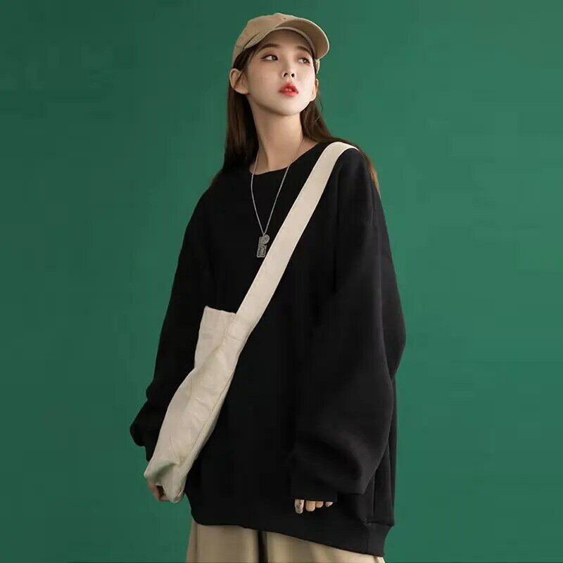 2021韓国春トップシンプルなソリッドカラーの長袖のセーターのカレッジスタイルルースラウンドネック女性の愛好薄いプルオーバー