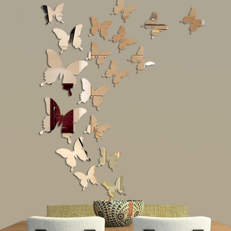 Зеркальная настенная 3D наклейка в виде бабочки, 12 шт./лот, переводная картинка, съемное свадебное украшение, декоративная наклейка для детск...