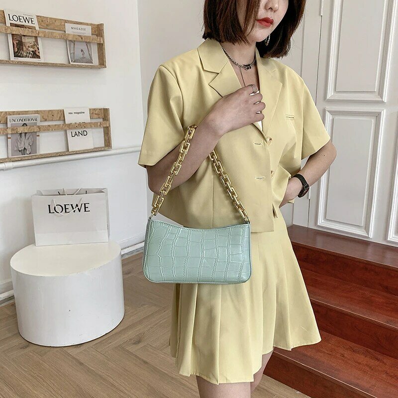 Bolso de hombro de cuero con estampado de piedra para mujer, bolsa de mano femenina con cadena de Color sólido, a la moda de viaje, para verano, 2021