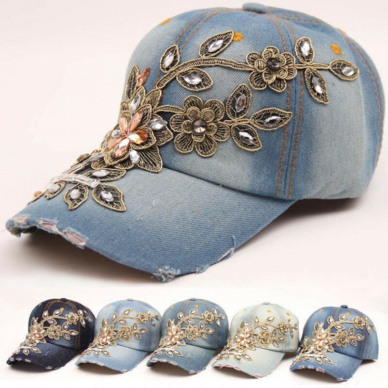 الموضة الإناث اليدوية حجر الراين التطريز زهرة الدنيم قبعة بيسبول في الهواء الطلق الترفيه قابل للتعديل قبعة قبعة بواقٍ للشمس