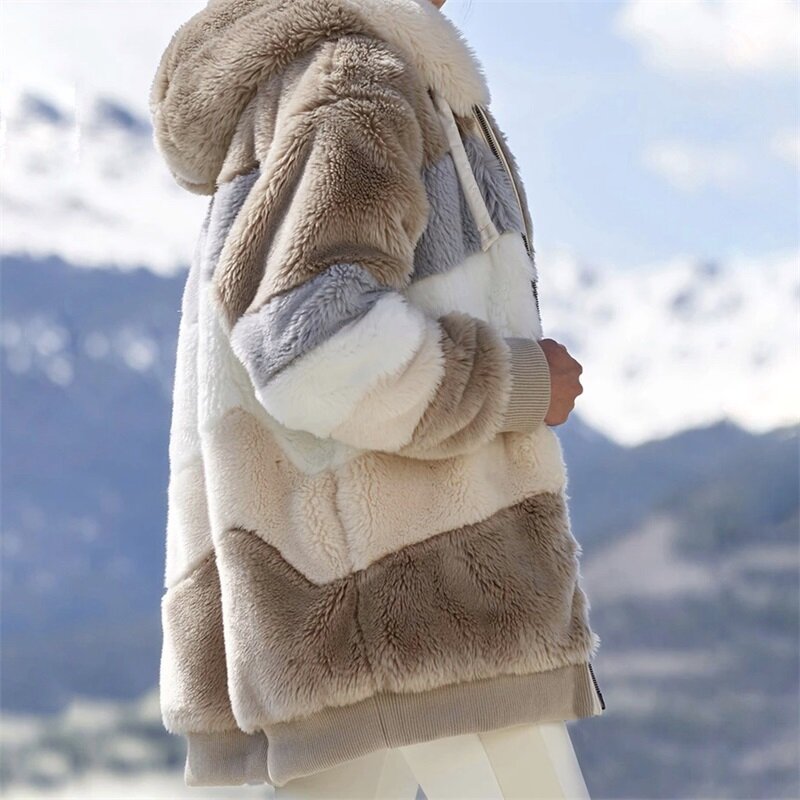 Chaqueta de invierno de las mujeres cálido felpa Casual chaqueta con capucha suelta Color mezclado de invierno prendas de vestir de piel cremallera Parka abrigo