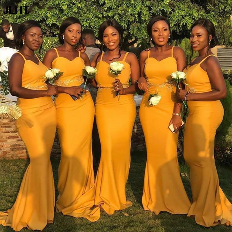 섹시한 아프리카 인어 노란색 신부 들러리 드레스, 골드 아플리케, 메이드 오브 아너 긴 스파게티 스트랩, 새틴 댄스 파티 드레스, 파티 가운