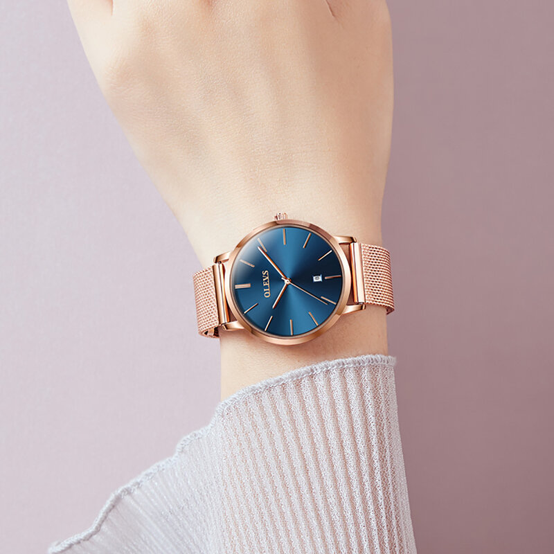 OLEVS różowe złoto kobiet zegarki 2021 luksusowe siatka ze stali nierdzewnej pasek kwarcowy Wrist Watch kalendarz wodoodporny zegarek damski zegar