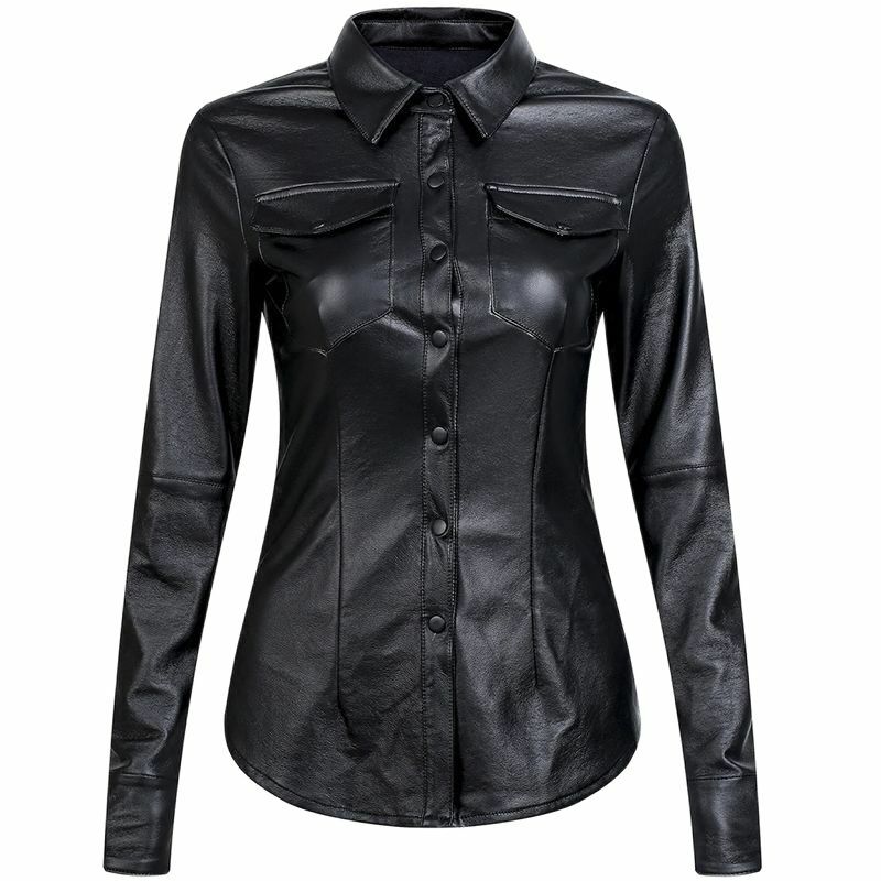 2021 outono camisa do plutônio feminino sólido blusa de couro falso vintage botão topos escritório senhoras