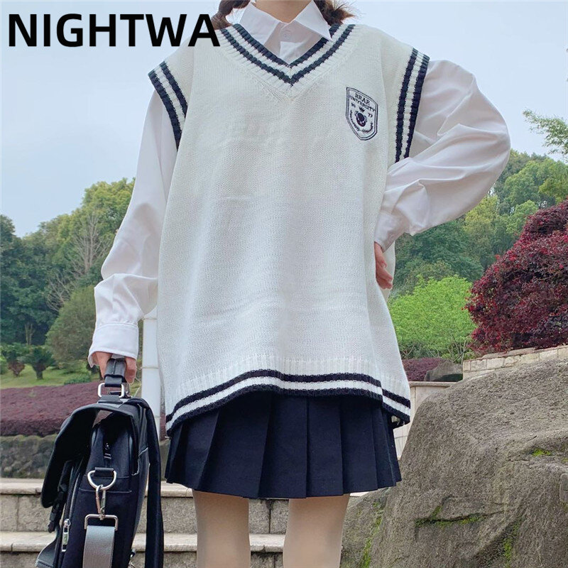 NIGHTWA – gilet en maille à col en v pour femme, pull sans manches, Vintage, Simple, Patchwork, Style coréen, loisirs, Style collégien