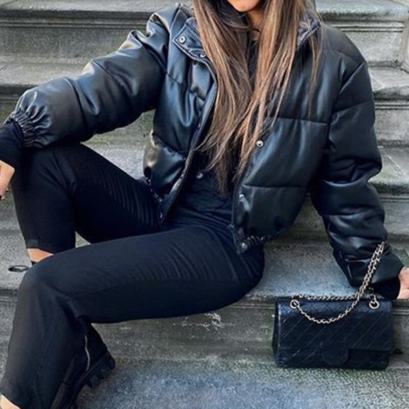 Parka corto donna cappotti in pelle PU spessa invernale giacche in cotone con cerniera moda nera Top Outwear da donna piumino corto