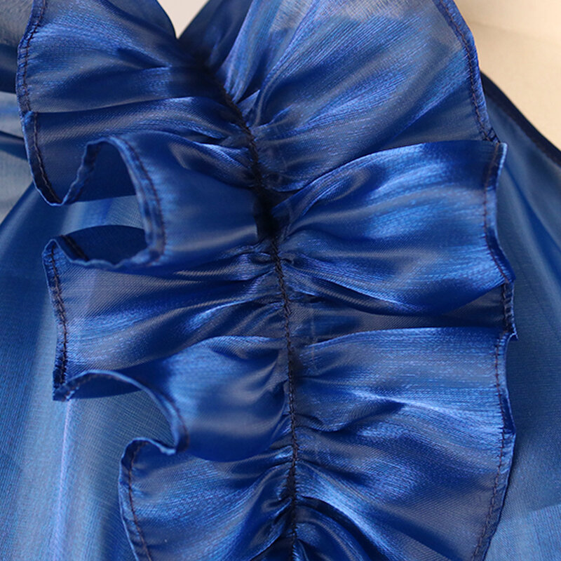 여성 섹시 블라우스 V 넥 탑스 랜턴 슬리브 네이비 블루 투명 허리 벨트 2021 봄 여름 셔츠 Elegant Blusa