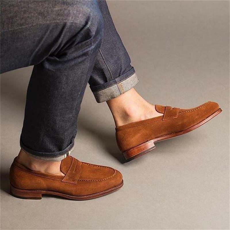 Zapatos hechos a mano para hombre, mocasines informales de ante marrón de alta calidad, con máscara clásica de cabeza redonda, a la moda, HL887
