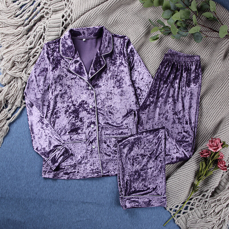 HiLoc fioletowa aksamitna piżama zestawy dla kobiet z długim rękawem odzież domowa zimowa bielizna nocna ciepły salon nosić dwie kieszonki zestaw damski Casual