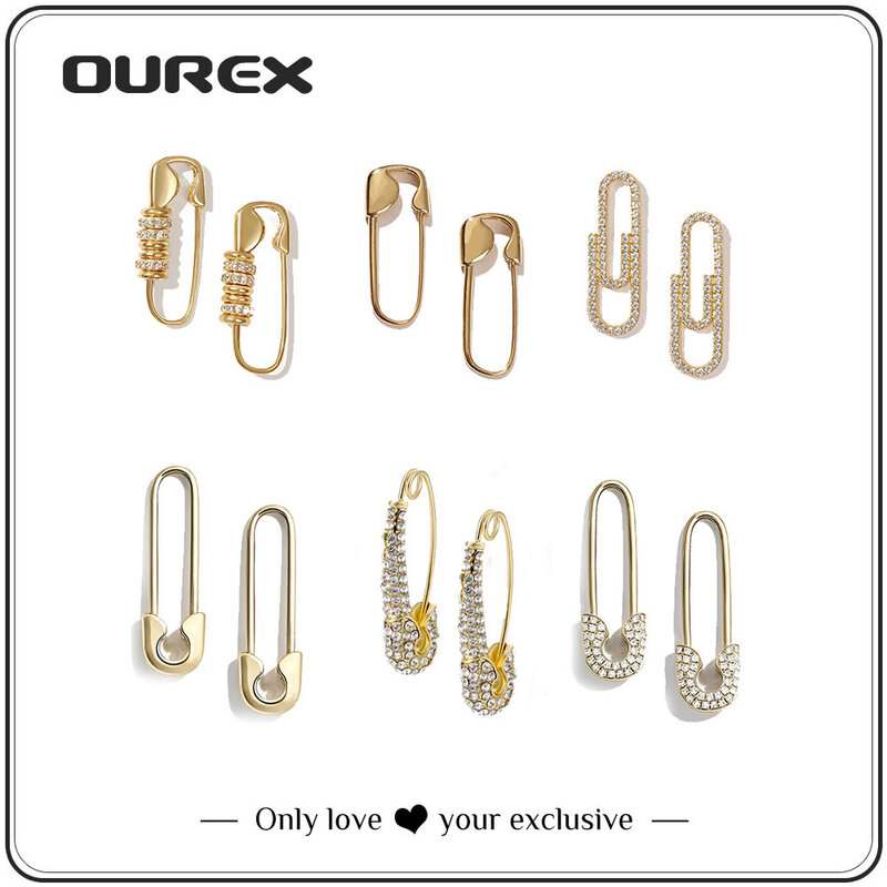 Серьги-кольца OUREX с кристаллами женские, безопасная булавка для Стразы, серьги простого дизайна, вечерние ювелирные украшения, аксессуары