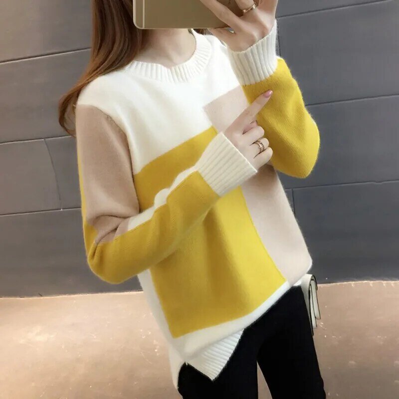 2020 herbst Winter Koreanischen stil Kontrast Farbe Pullover Frauen Langarm Jumper Pullover Und Pullover Gestrickte Pullover pull femme