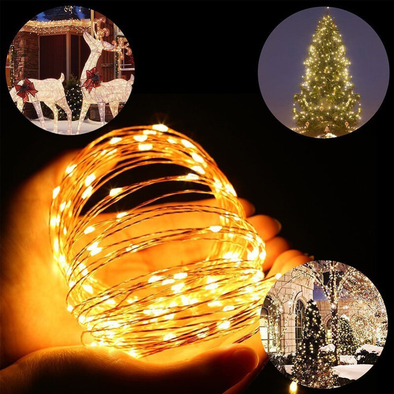 Tira de luces LED de alambre de cobre alimentada por energía Solar, instalación Simple, impermeable, 10M, Panel Solar de jardín de Navidad con Estaca de tierra