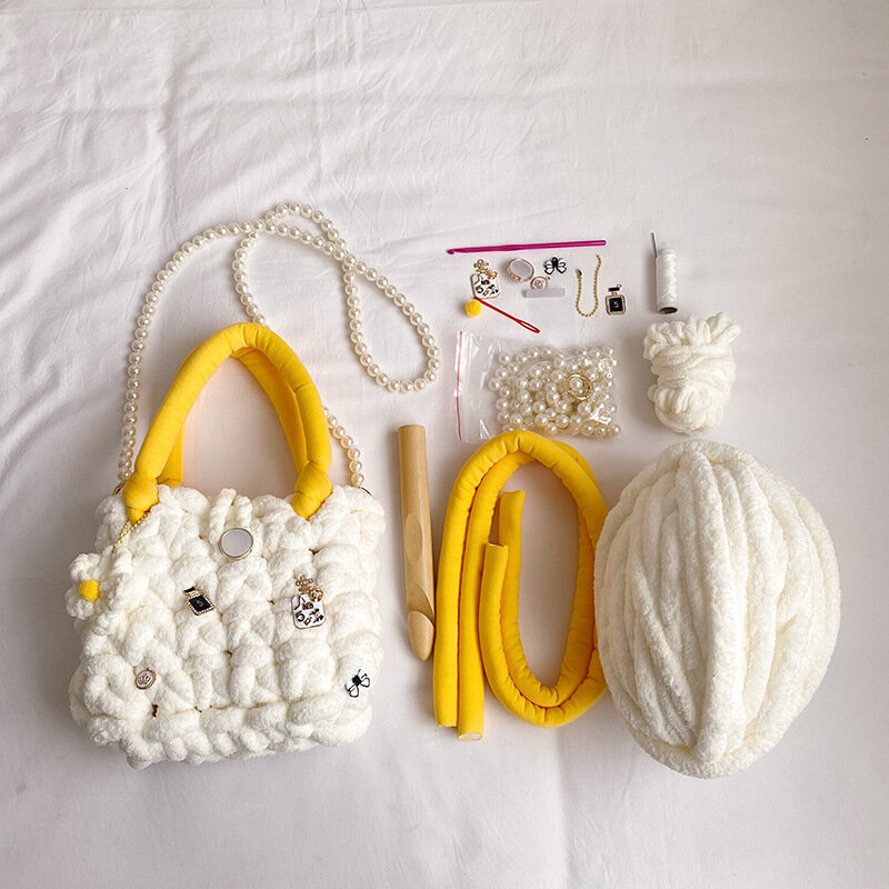 Hand-Woven Handbags for Women 2021 Cotton Diy Homemade Material Package Shoulder Crossbody Bag Pearl Strap Gift Send Tutorial