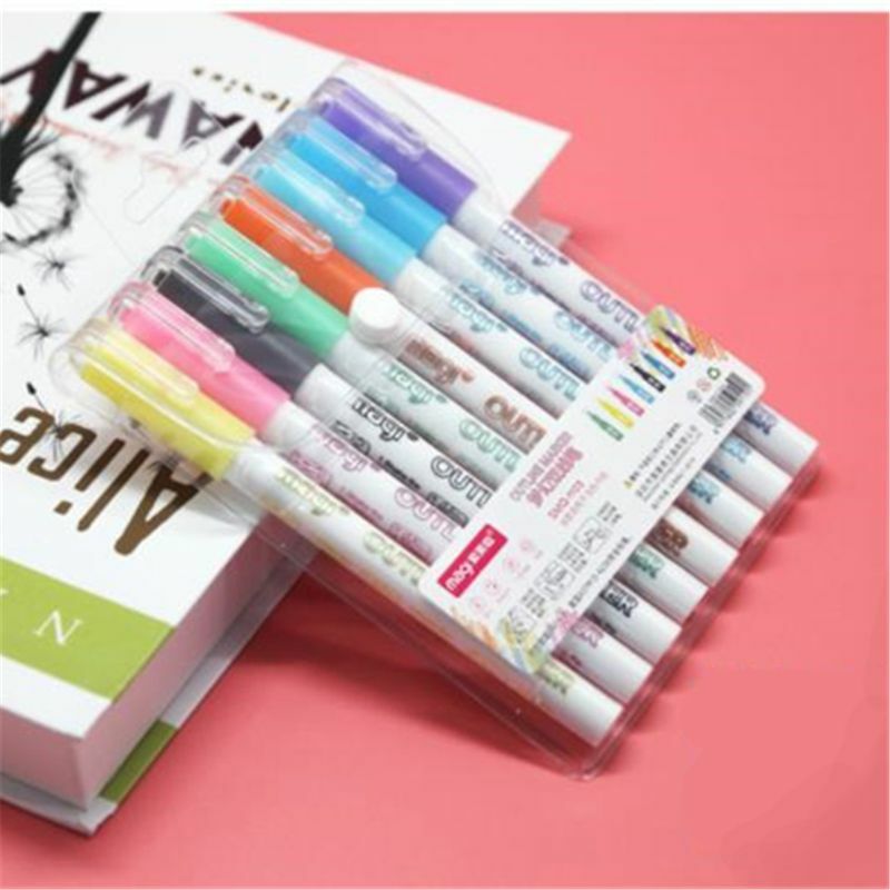 Pena de buiet journai da linha dobro dos marcadores metálicos do auto-esboço de 8 pces canetas & canetas permanentes coloridas do marcador para adultos das crianças amadores