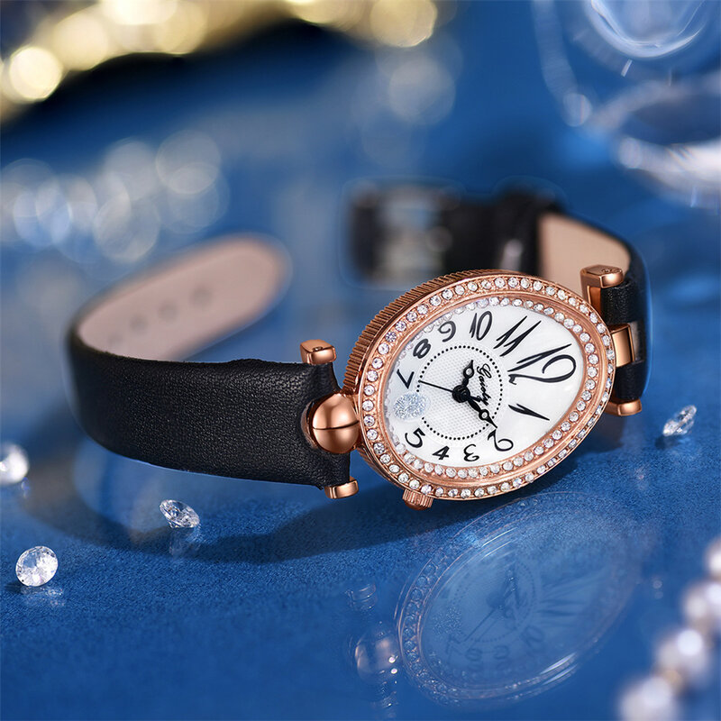 女性用オーバルダイヤル付きクォーツ時計,小さな腕時計,革製,2021
