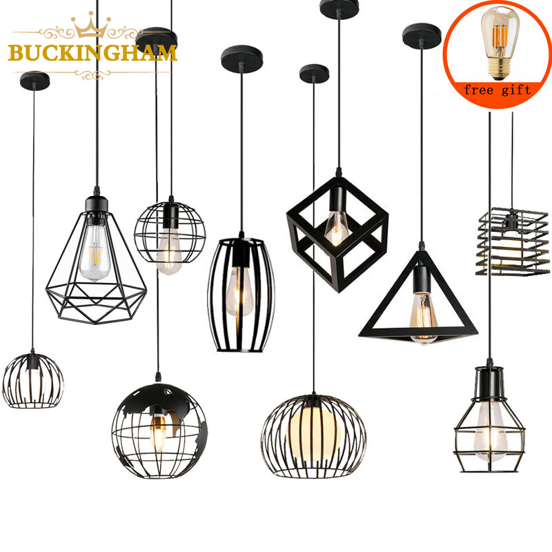 Modern Nordic Pendant Lights Black Iron Retro Loft Cage Pyramid Pendant Lamp American Industrial Metal Hanging Lamps