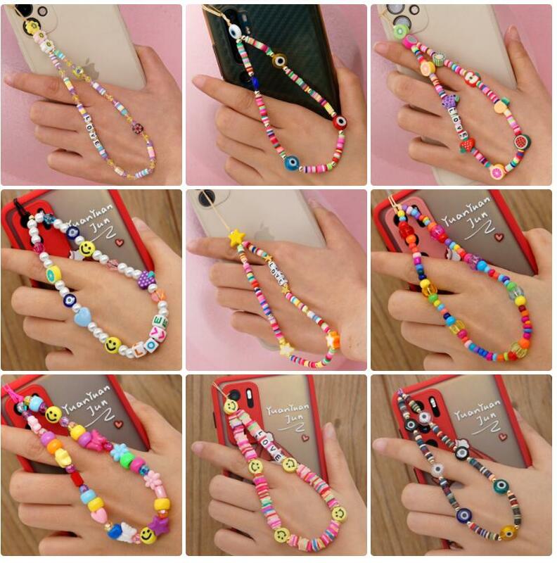 Modne kolorowe koraliki akrylowe łańcuszek do telefonu komórkowego dla kobiet dziewczynki pasek na telefon komórkowy Anti-lost smycz wisząca biżuteria sznurkowa prezent