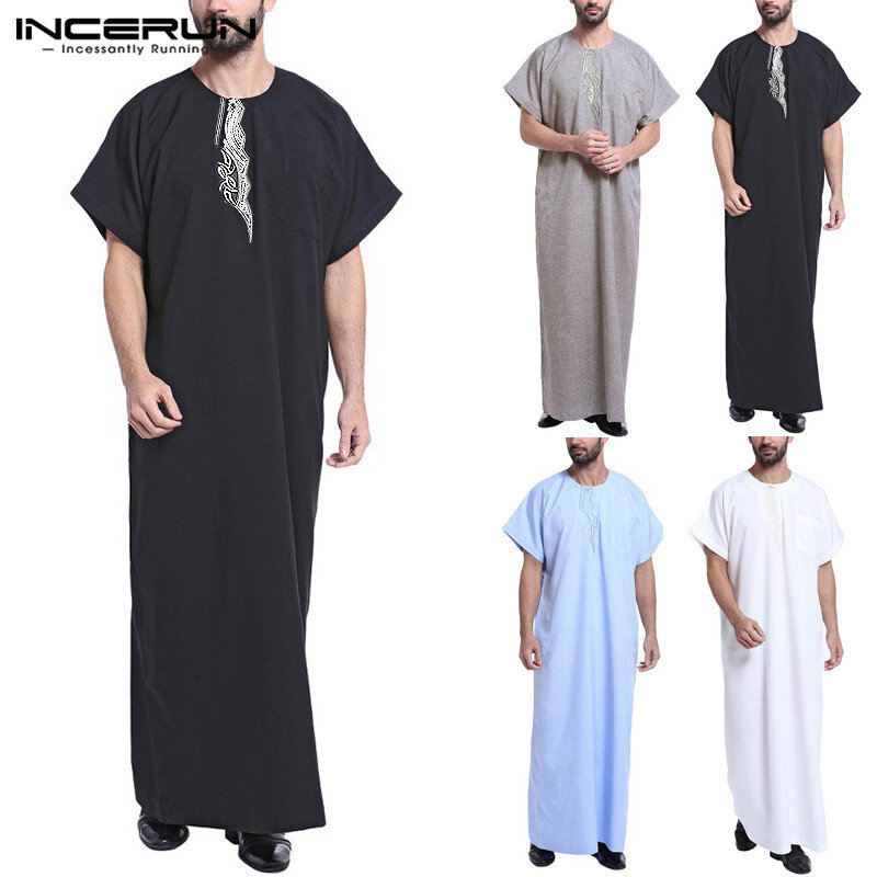 INCERUN-이슬람 드레스 Kaftan 남성 인쇄 짧은 소매 레트로 가운, 느슨한 두바이 사우디 아라비아 아바야 이슬람 Kaftan 남성 Jubba Thobe
