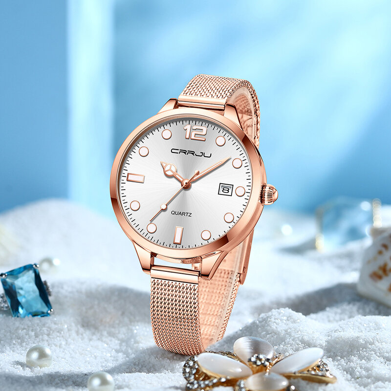 Crrju moda feminina relógio topo calendário de luxo luminosa mão requintado relógio de aço inoxidável à prova dwaterproof água senhoras relógios de quartzo