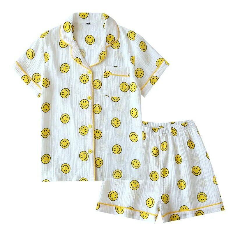 Summer New Style Cotton Gauze Short-sleeved Shorts Casual Loose Pajamas Suit Smiley Face Printing Thin Section Home Wear Women
