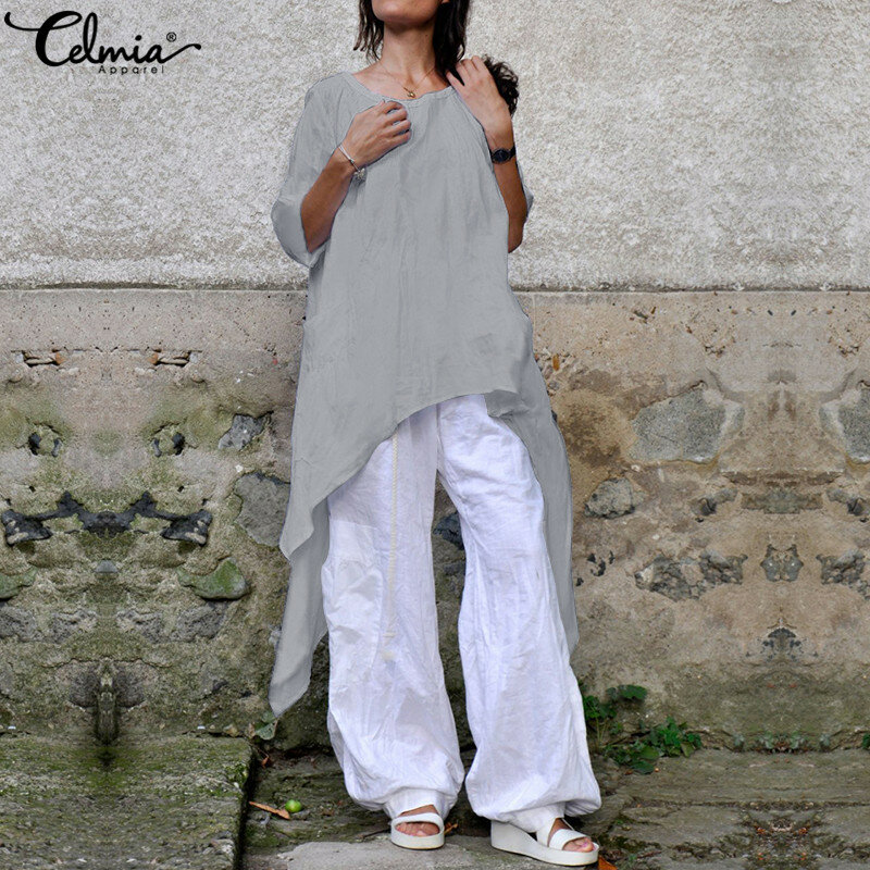 Celmia-Blusas asimétricas de media manga para mujer, blusa informal holgada de algodón, Túnica de cuello redondo, Blusas lisas largas de talla grande 5XL