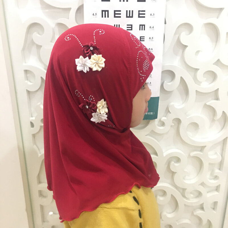 H075-hijab Al amira con flores hechas a mano para niños, bufanda islámica para niños de 2 a 6 años, envoltura para la cabeza