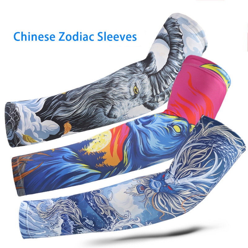 Protezione solare polsino da ciclismo per uomo manica per tatuaggio seta di ghiaccio estate zodiaco cinese braccio animale guida manica lunga stampata sottile