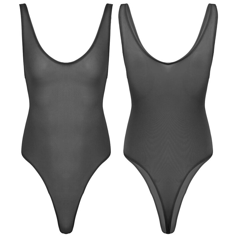ชุดว่ายน้ำ Bodysuit Leotard เสื้อกล้ามชุดชั้นในดูผ่านลึก U ชุดชั้นในเซ็กซี่สูงตัด Thongs Jumpsuit ชุดนอน
