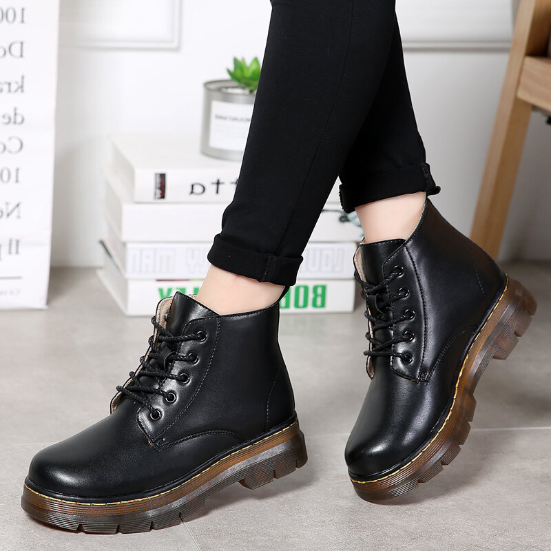 2021 New Women&#39;s Boots Leather Thick with Short Tube Casual Leather Boots British Wind Students New Shoes Woman Rubber Hot Sell