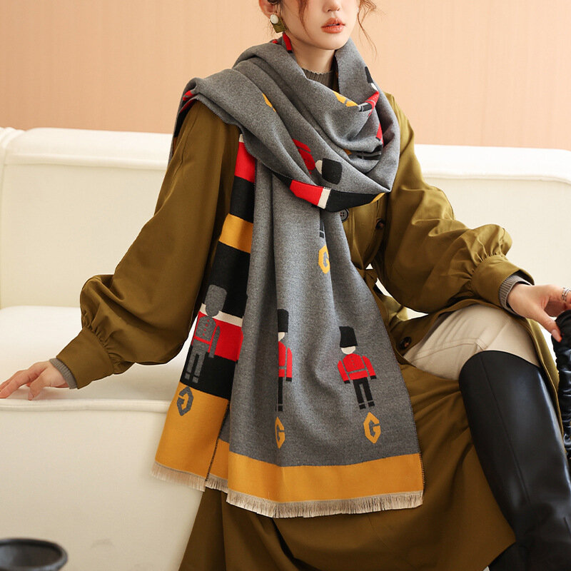 Longue écharpe imitant le cachemire pour femme, châle imprimé soldat, Hijab chaud, Bandana, 185x65cm, mode hiver