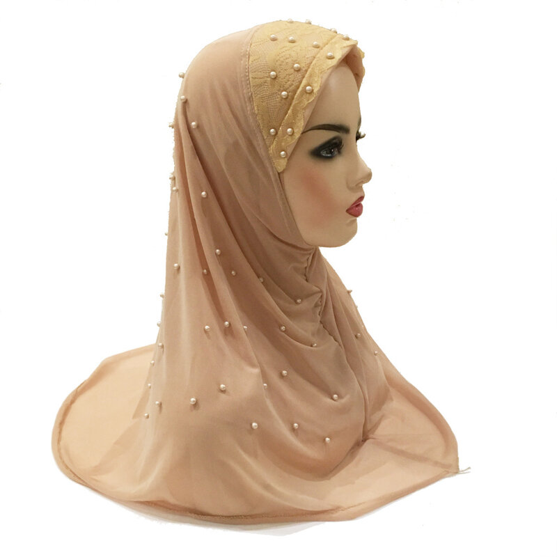 Muslim Instant Hijab Scarf Fashion Double-layer Net Yarn Pearl Wraps Headscarf Arab Islamic Pray Hat Turban Amira Cape Headwrap